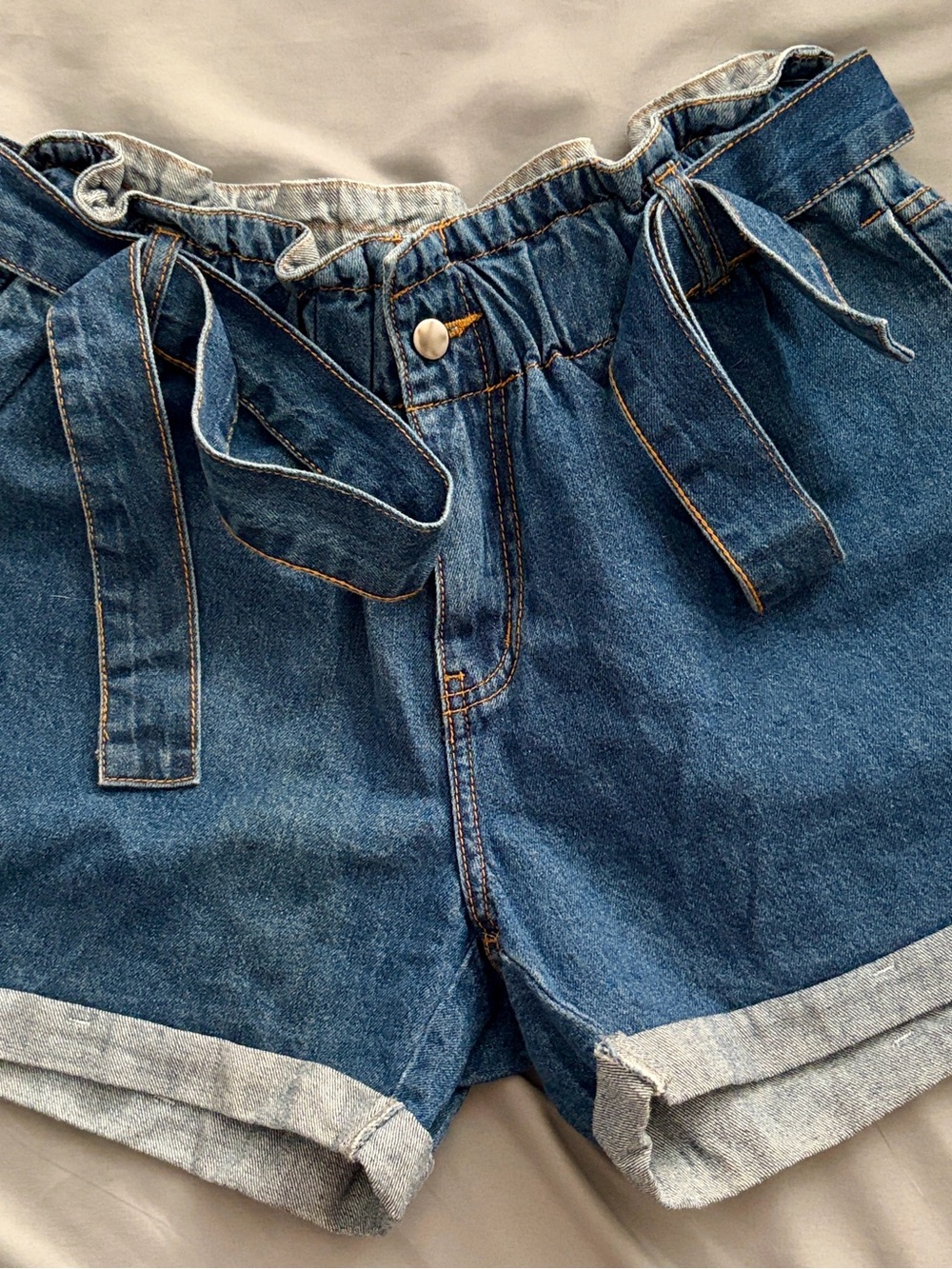 High-Rise Paperbag Denim Shorts with Tie Belt - Blue